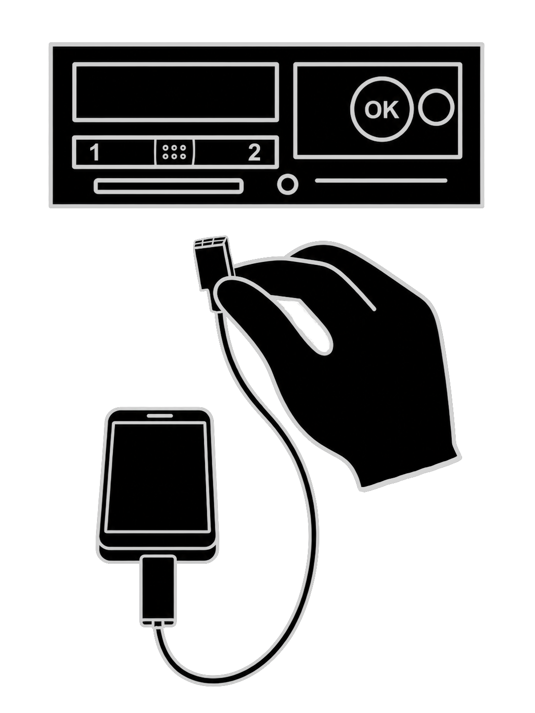Illustration aus der App: Ein USB-Kabel verbindet den Tachographen mit einem Smartphone.